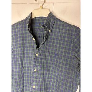 Ralph Lauren Mens Green Navy Blue Plaid Button Down Shirt Slim Fit Medium